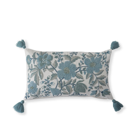 Lumbar Embroidered Floral Pillow Blue