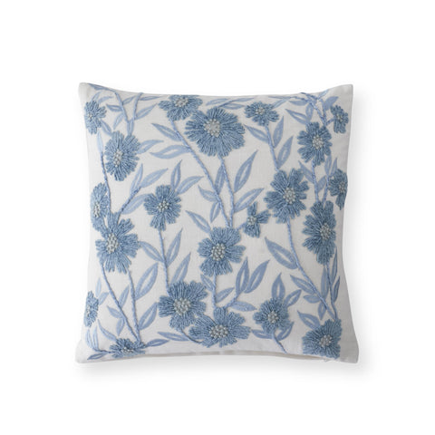 Square Embroidered Floral Pillow Blue