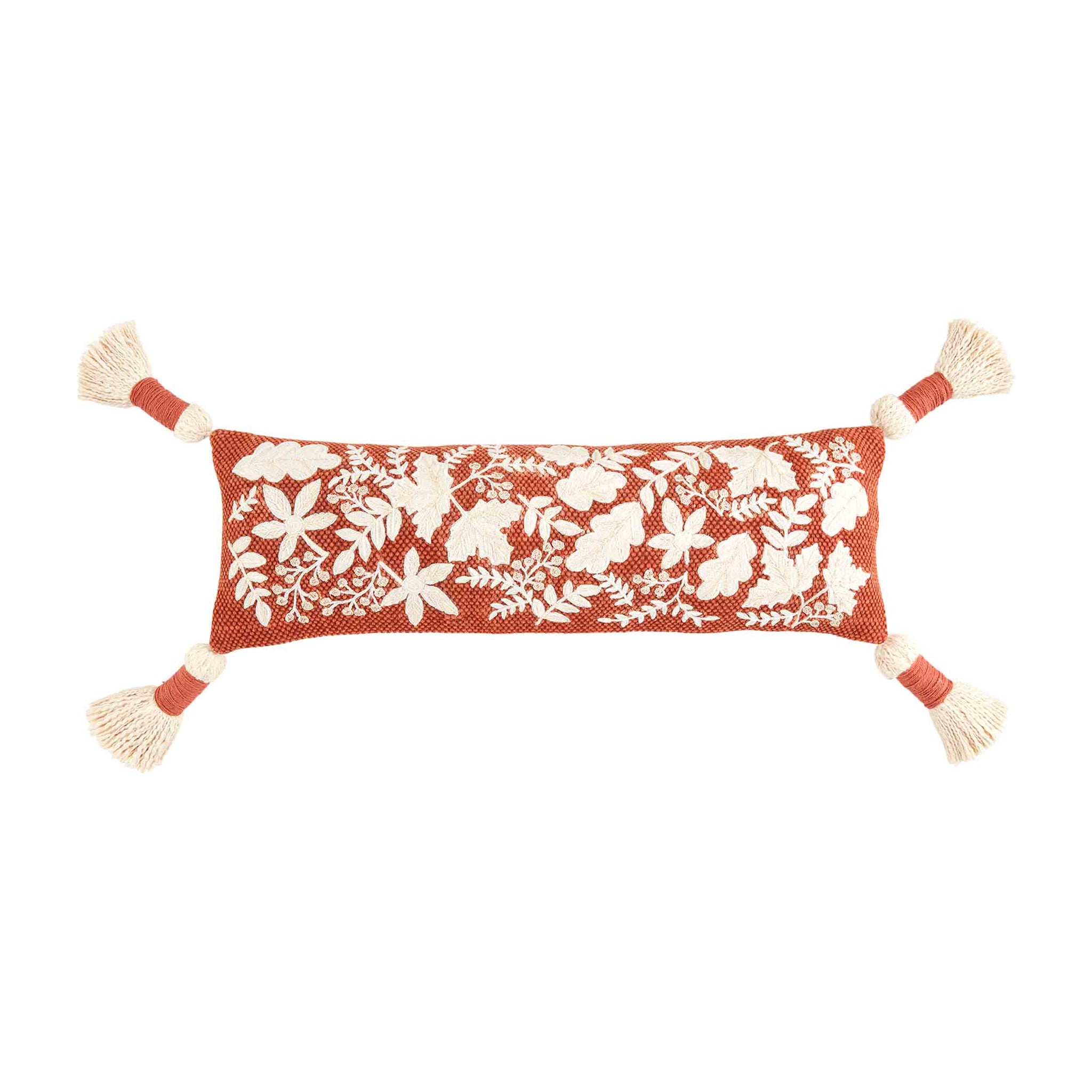 Rust Leaf Embroidered Long Pillow