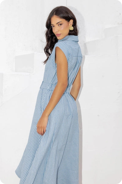 Top-Stitch Stripe Midi Dress Blue