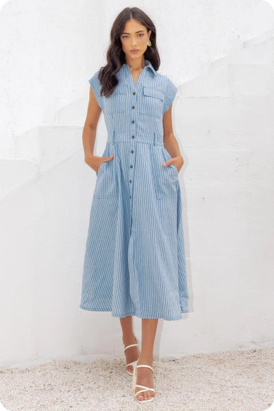 Top-Stitch Stripe Midi Dress Blue