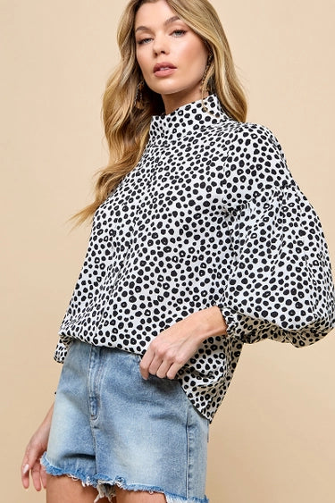 Lantern Sleeve Blouse White Leopard