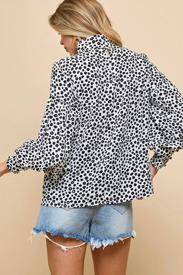 Lantern Sleeve Blouse White Leopard