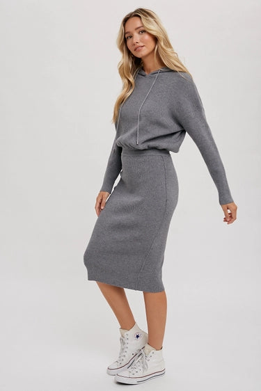 Ribbed Sweater Hoodie Dress Gray