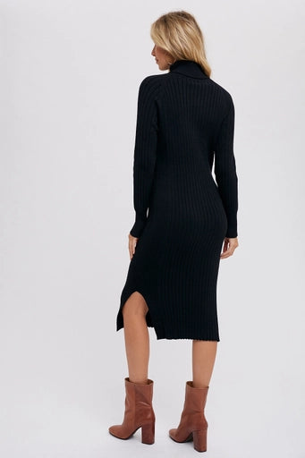 Turtleneck Ribbed Sweater Dress Black