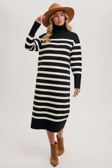 Striped Midi Sweater Dress Black