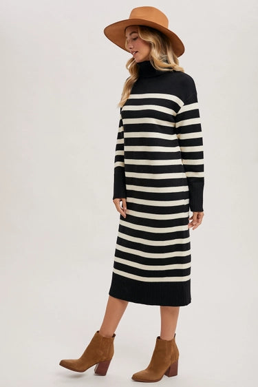 Striped Midi Sweater Dress Black