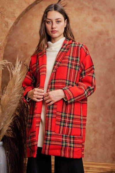 Red Plaid Open Long Jacket