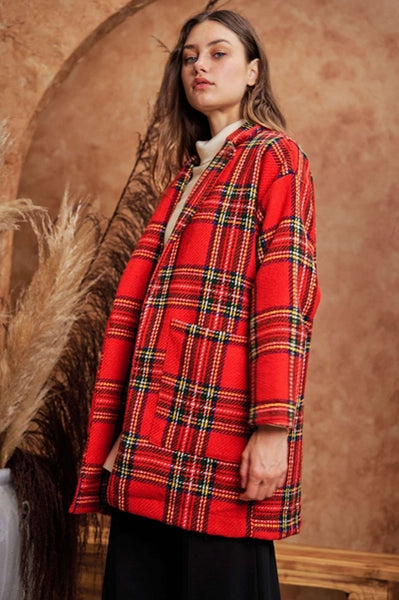 Red Plaid Open Long Jacket