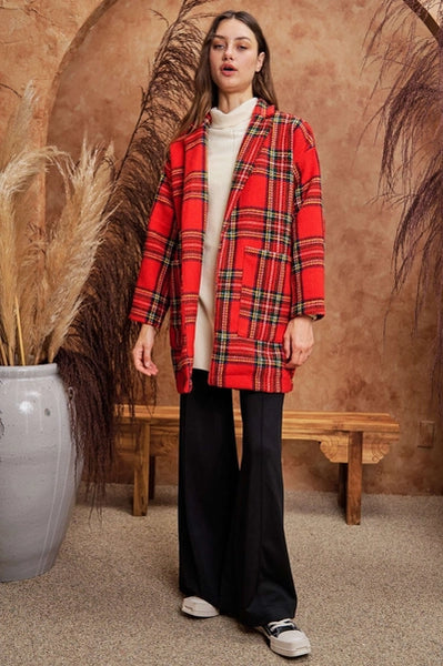 Red Plaid Open Long Jacket