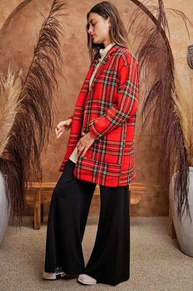 Red Plaid Open Long Jacket