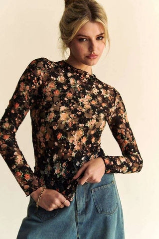 Floral Print Mesh Top