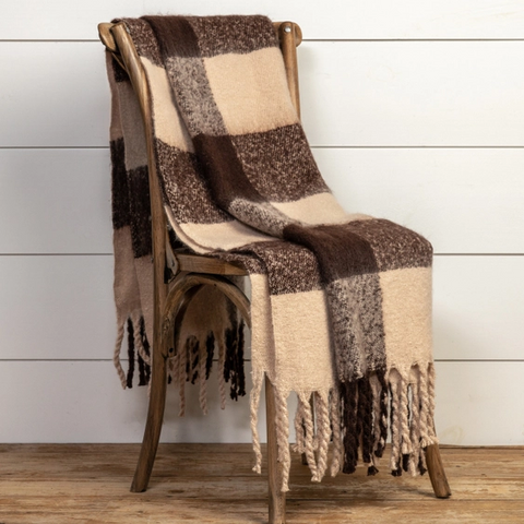 Brown Check Blanket w/ Fringe