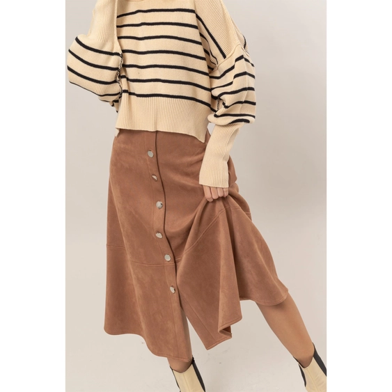 Button Front Suede Midi Skirt Camel