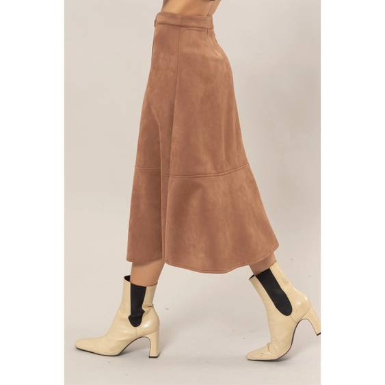 Button Front Suede Midi Skirt Camel