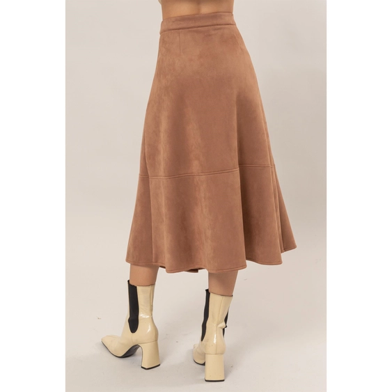 Button Front Suede Midi Skirt Camel