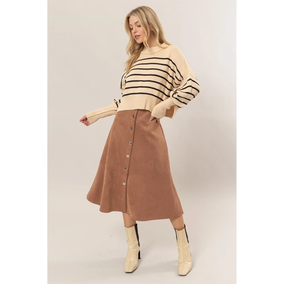 Button Front Suede Midi Skirt Camel