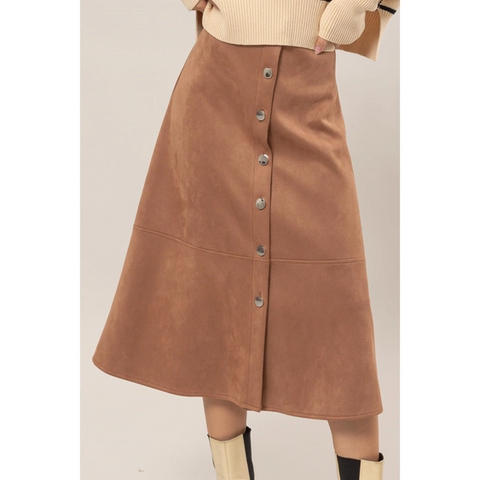 Button Front Suede Midi Skirt Camel