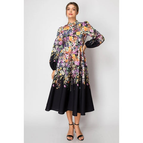 Long Puff Sleeve Floral Print Midi Dress