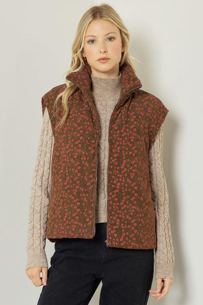 Corduroy Floral Print Vest Brown