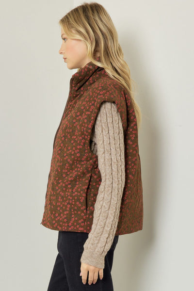 Corduroy Floral Print Vest Brown