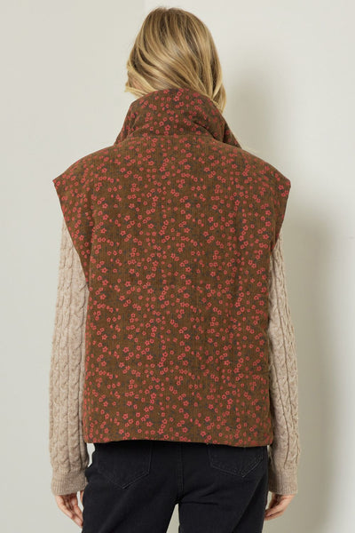 Corduroy Floral Print Vest Brown