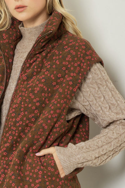 Corduroy Floral Print Vest Brown