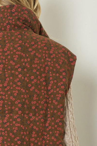 Corduroy Floral Print Vest Brown