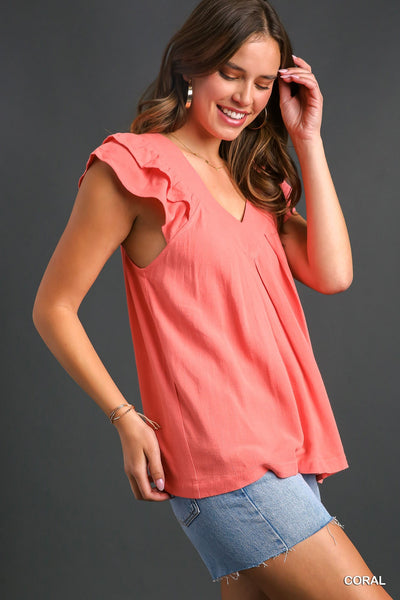 Veronica Pleated V-Neck Top Coral
