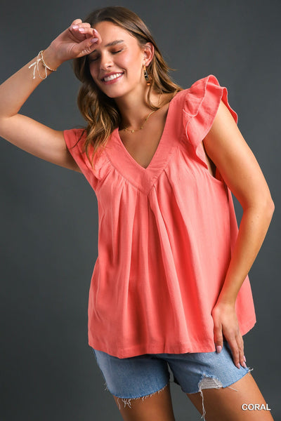 Veronica Pleated V-Neck Top Coral