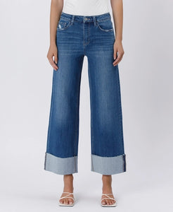 High Rise Cuffed Ankle Wide Leg Jeans