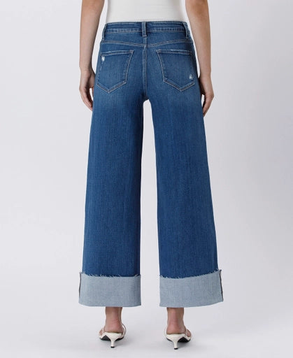 High Rise Cuffed Ankle Wide Leg Jeans