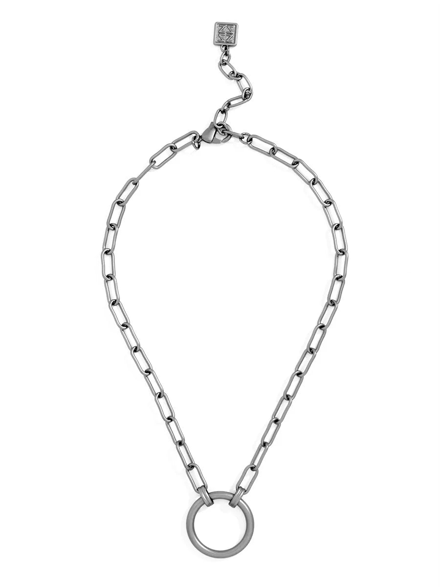 Circle Charm Link Necklace Hematite