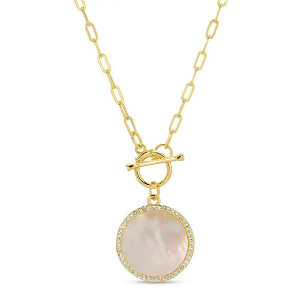 Mother of Pearl Pave Circle Toggle Necklace