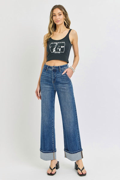 Risen High Rise Ankle Cuffed Wide Jeans