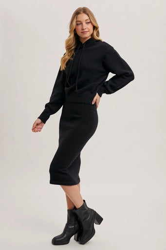 Knit Hoodie Top and Pencil Skirt Set Black