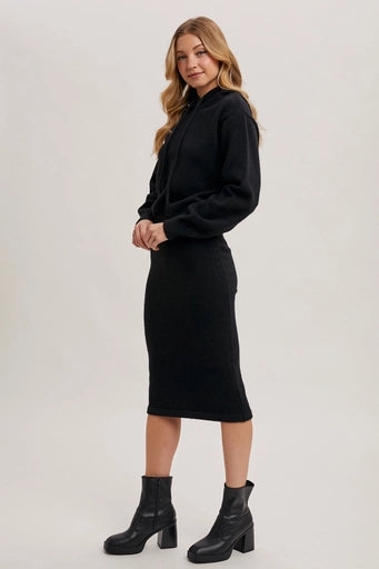 Knit Hoodie Top and Pencil Skirt Set Black