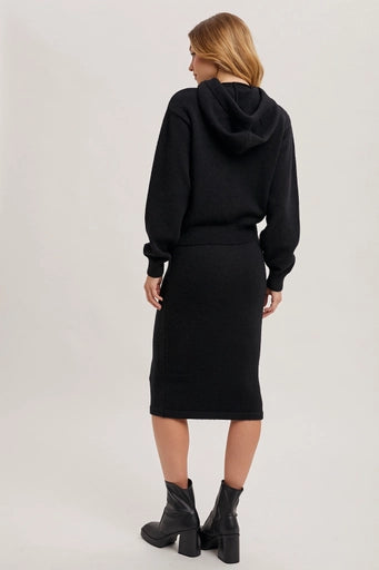 Knit Hoodie Top and Pencil Skirt Set Black