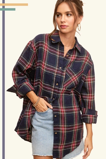 Button Down Tartan Plaid Shirt Navy