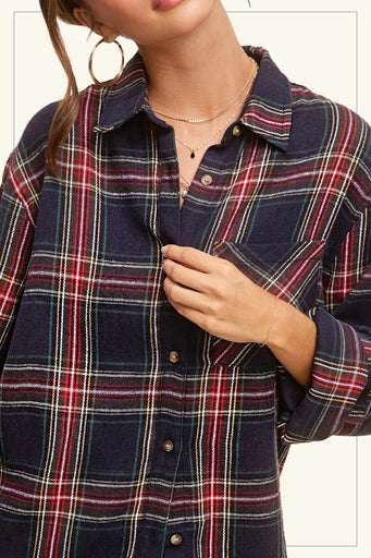 Button Down Tartan Plaid Shirt Navy