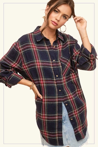 Button Down Tartan Plaid Shirt Navy