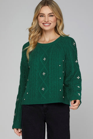 Bailey Embellished Cable Knit Sweater Green