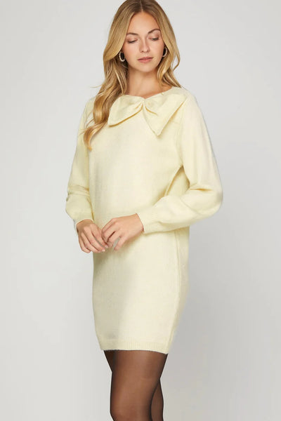 Grace Bow Neckline Sweater Dress Cream