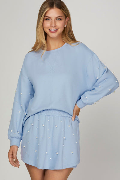 Pearl Sleeve Knit Top Lt. Blue