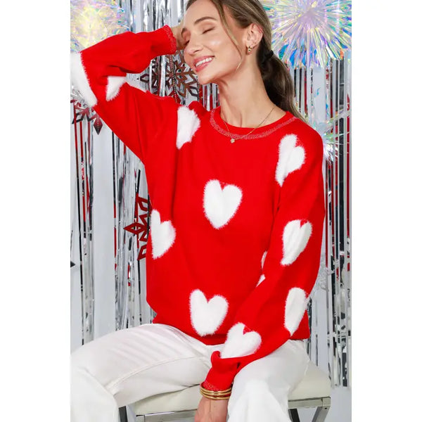 Heart Knitted Sweater Red