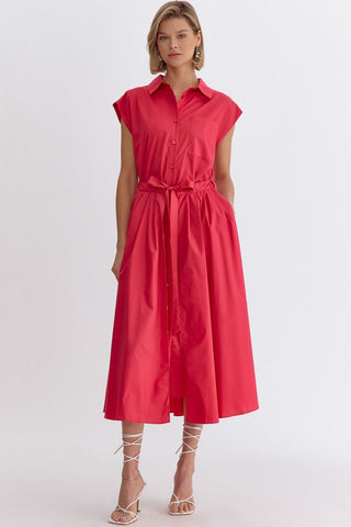 Donna Button Midi Dress Rose Red