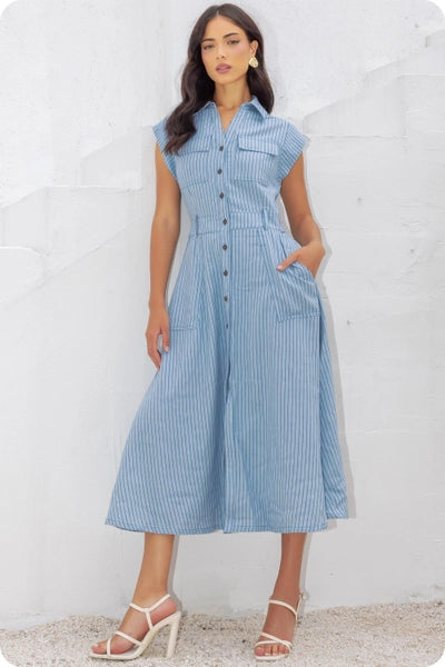 Top-Stitch Stripe Midi Dress Blue