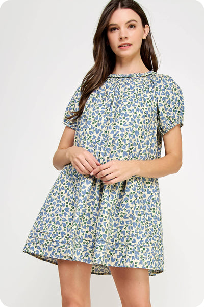 Braid Trim Floral Mini Dress Blue