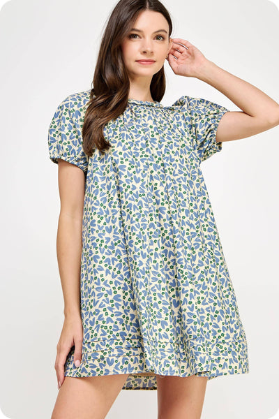 Braid Trim Floral Mini Dress Blue