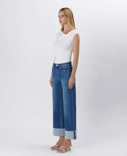 High Rise Cuffed Ankle Wide Leg Jeans